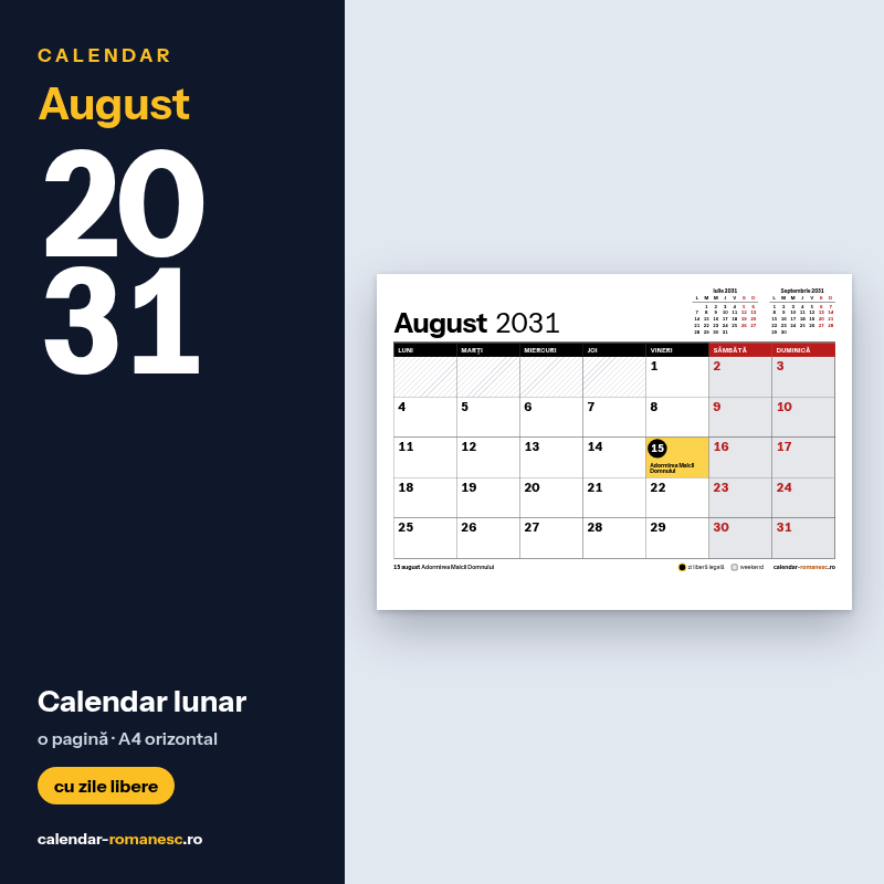 Calendar August 2031 de imprimat