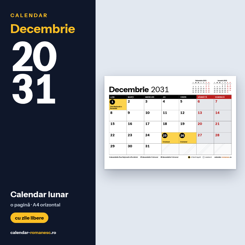 Calendar Decembrie 2031 de imprimat