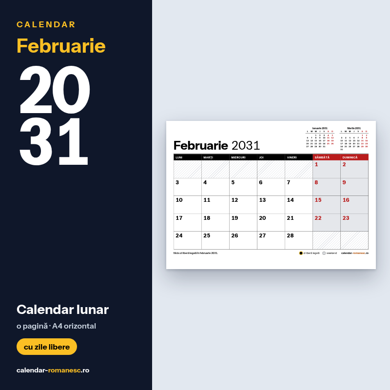 Calendar Februarie 2031 de imprimat