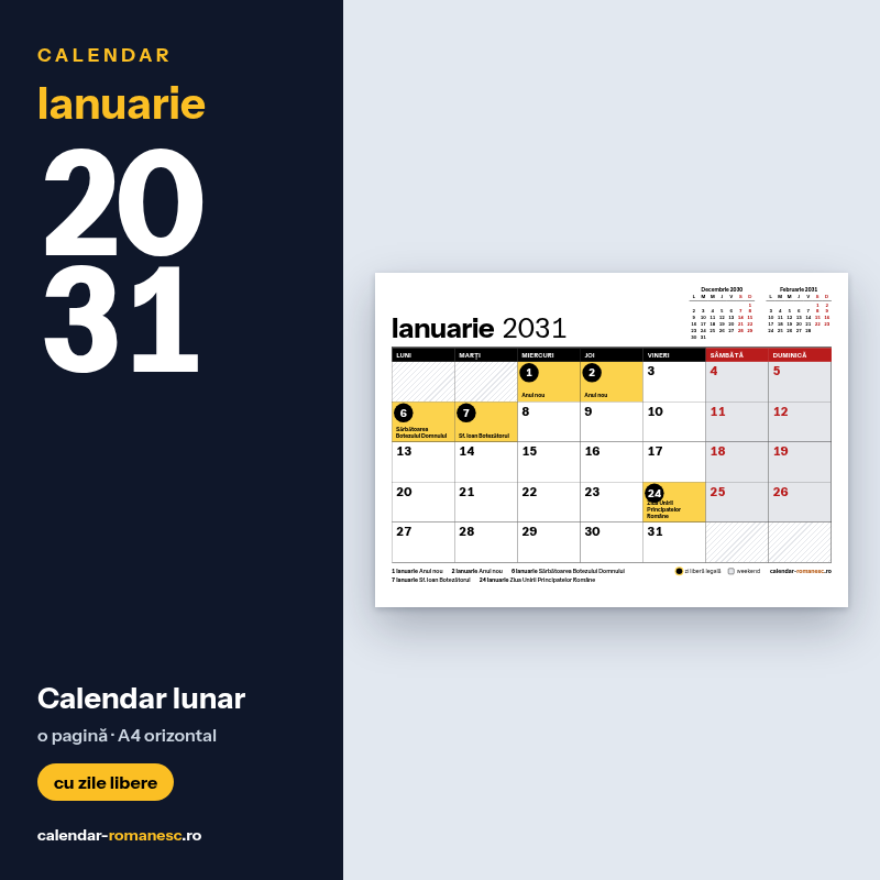 Calendar Ianuarie 2031 de imprimat