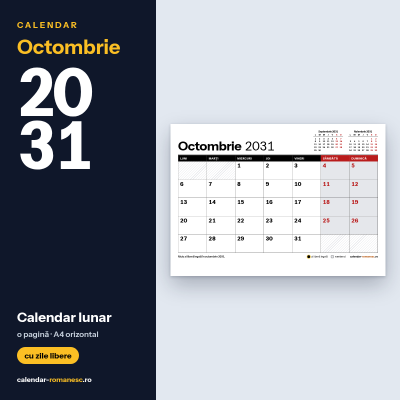 Calendar Octombrie 2031 de imprimat