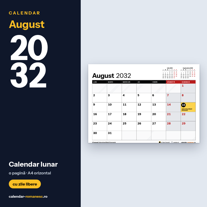 Calendar August 2032 de imprimat