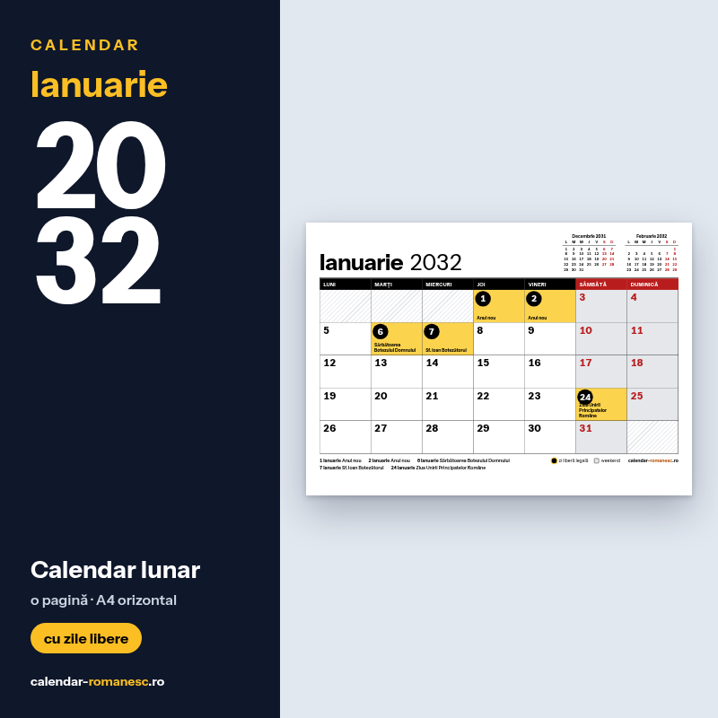 Calendar Ianuarie 2032 de imprimat