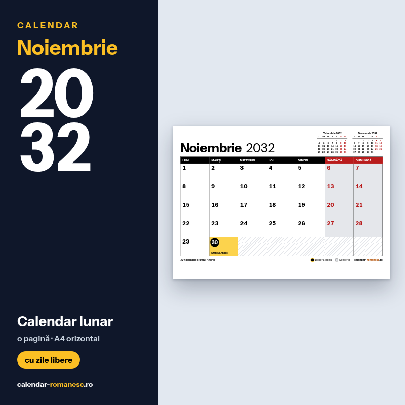 Calendar Noiembrie 2032 de imprimat