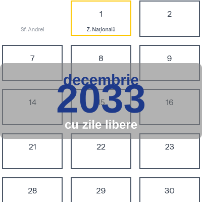 Calendar Decembrie 2033 de imprimat