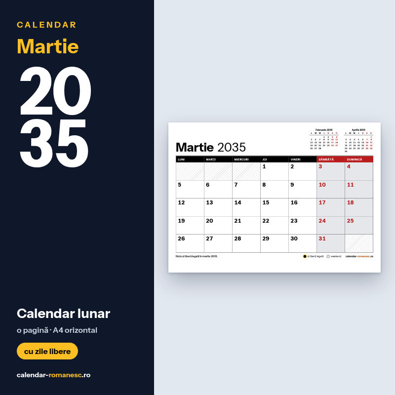 Calendar Martie 2035 de imprimat