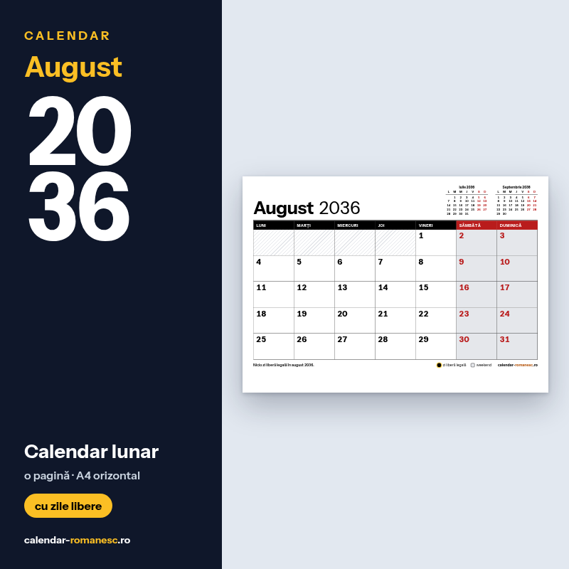Calendar August 2036 de imprimat