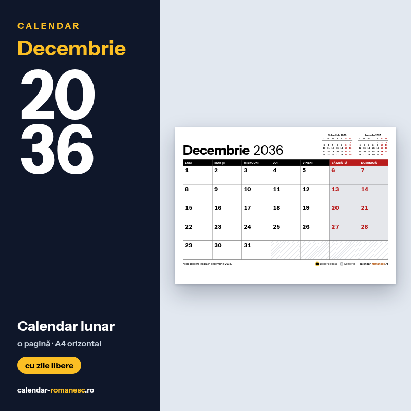 Calendar Decembrie 2036 de imprimat