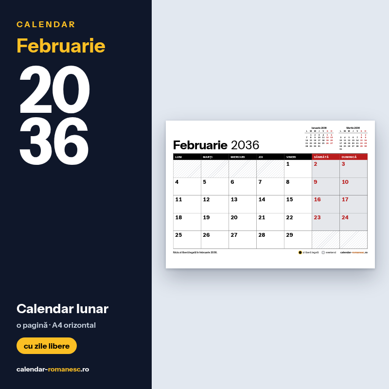 Calendar Februarie 2036 de imprimat