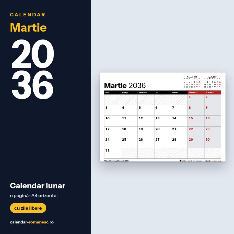 Calendar Martie 2036 de imprimat