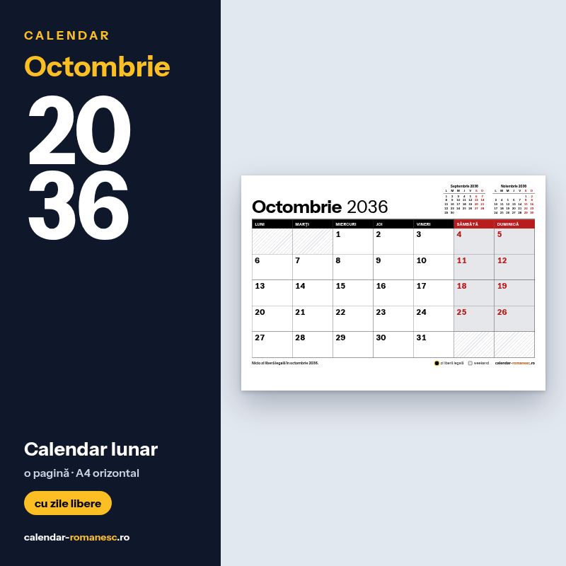 Calendar Octombrie 2036 de imprimat