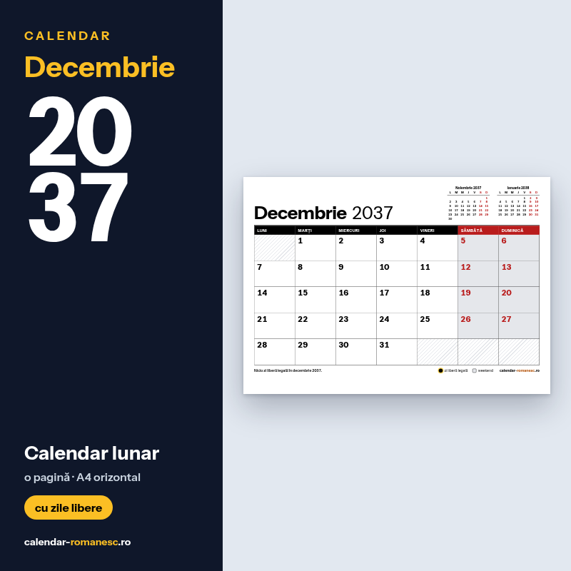 Calendar Decembrie 2037 de imprimat