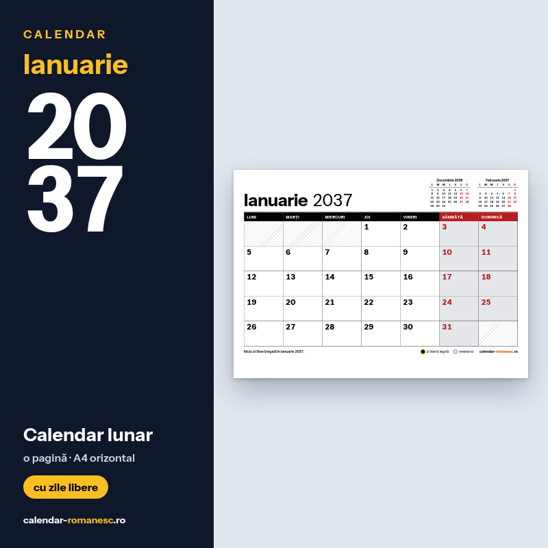 Calendar Ianuarie 2037 de imprimat