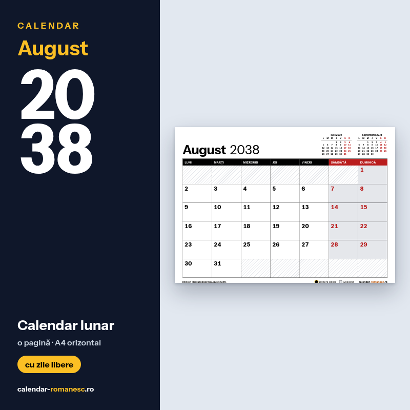Calendar August 2038 de imprimat