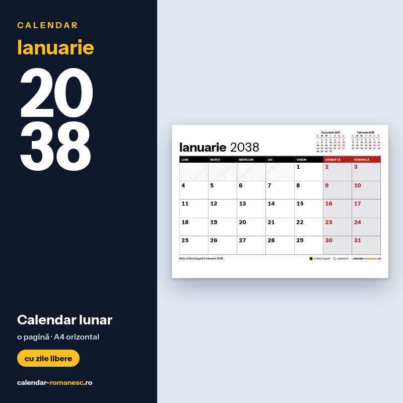 Calendar Ianuarie 2038 de imprimat