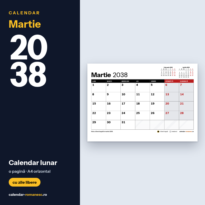 Calendar Martie 2038 de imprimat