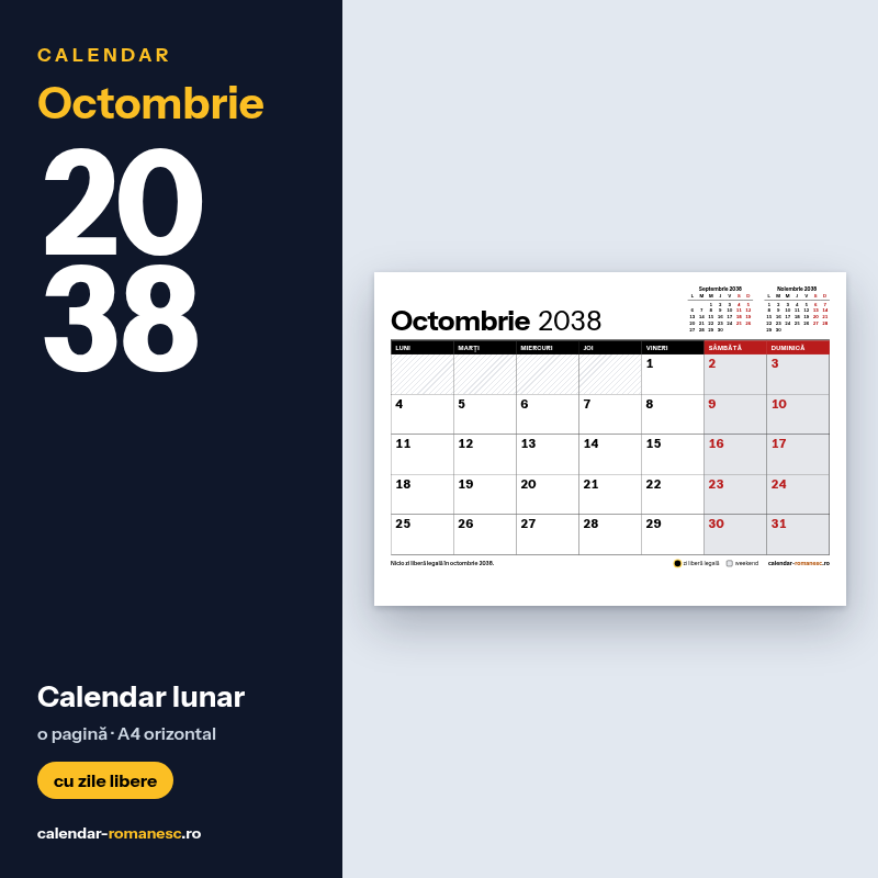 Calendar Octombrie 2038 de imprimat