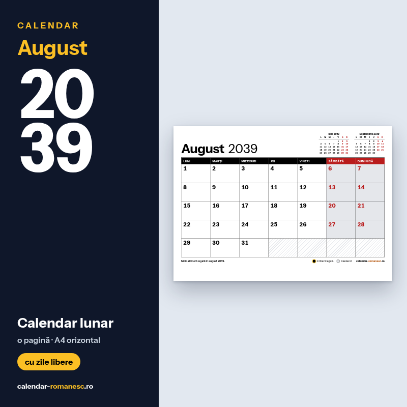 Calendar August 2039 de imprimat