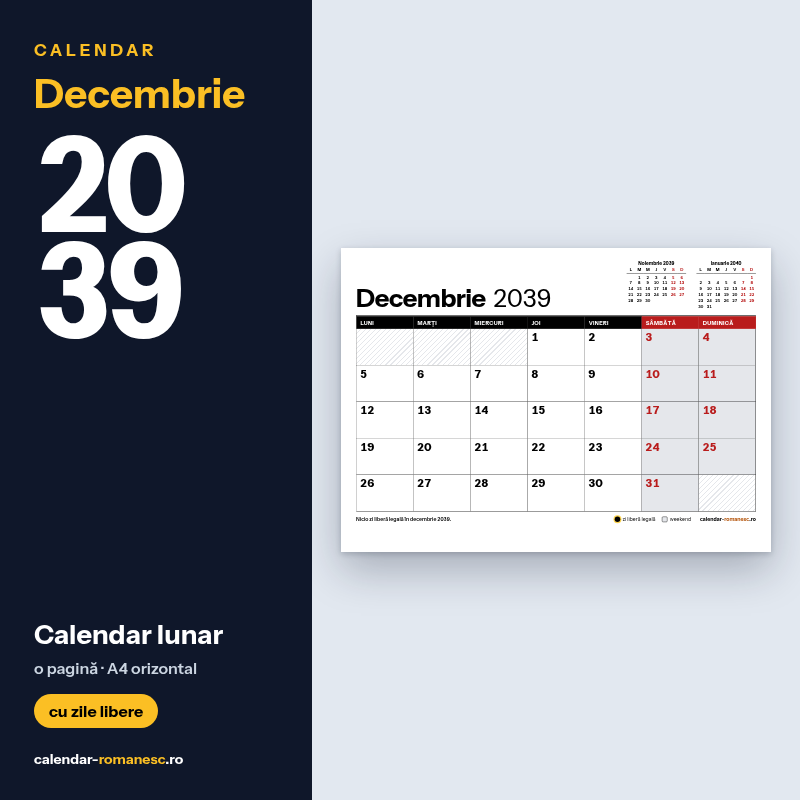 Calendar Decembrie 2039 de imprimat