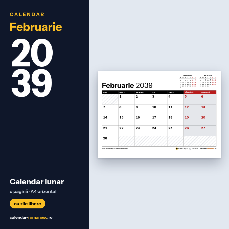 Calendar Februarie 2039 de imprimat