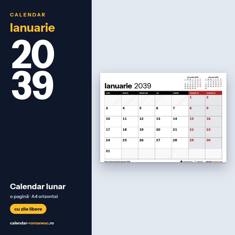 Calendar Ianuarie 2039 de imprimat