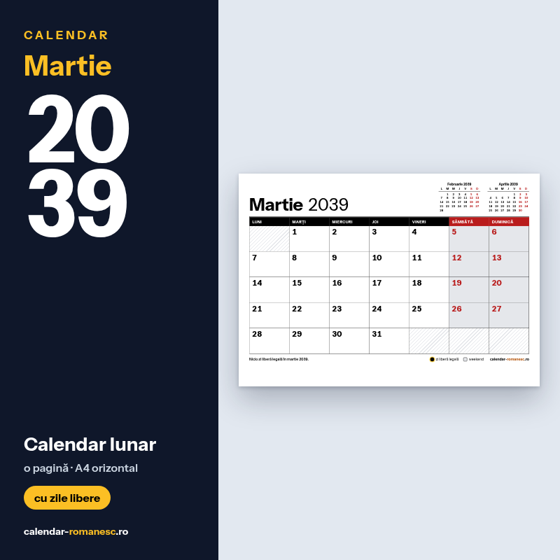Calendar Martie 2039 de imprimat