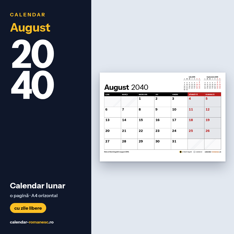 Calendar August 2040 de imprimat