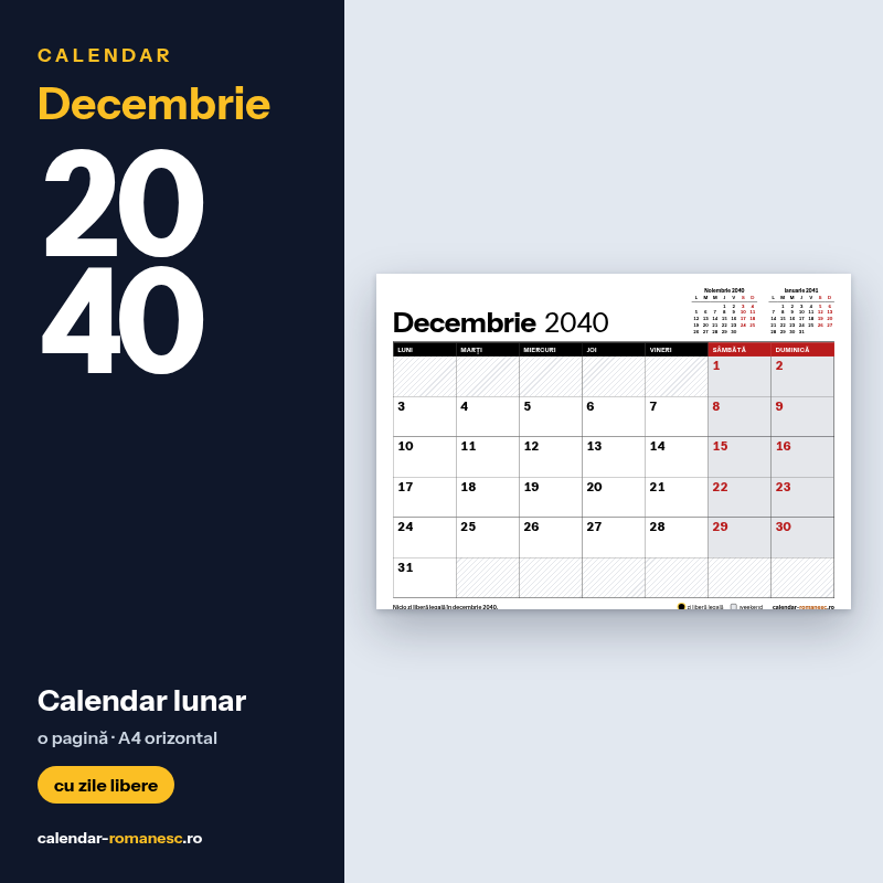 Calendar Decembrie 2040 de imprimat
