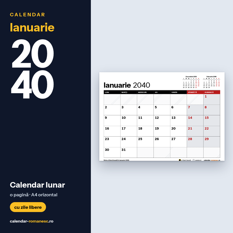 Calendar Ianuarie 2040 de imprimat