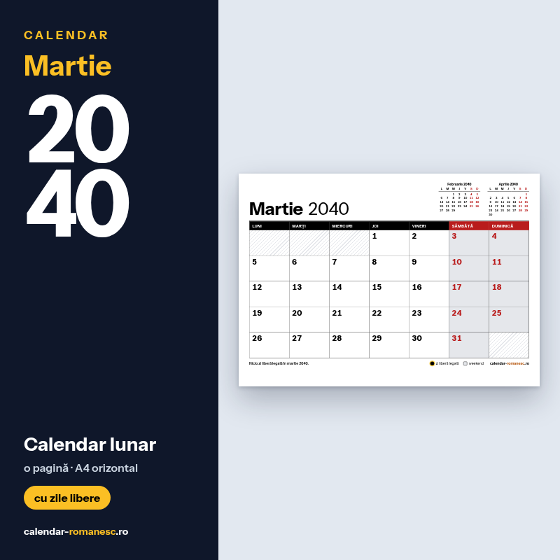 Calendar Martie 2040 de imprimat