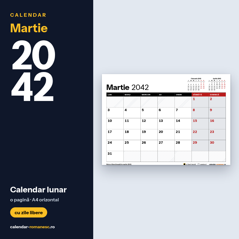 Calendar Martie 2042 de imprimat