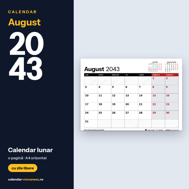 Calendar August 2043 de imprimat