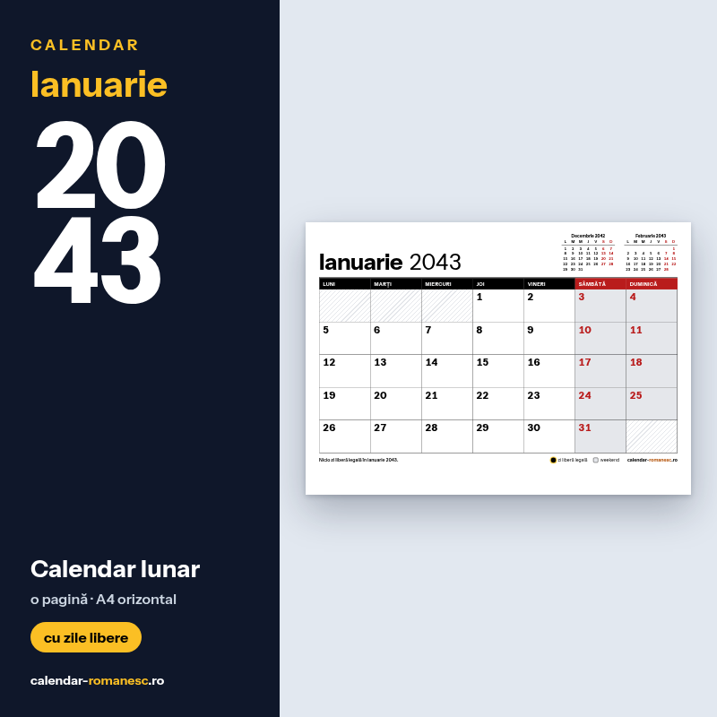Calendar Ianuarie 2043 de imprimat
