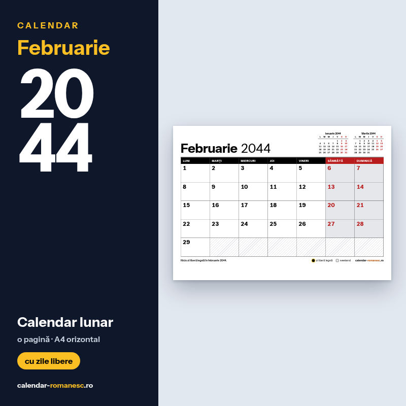 Calendar Februarie 2044 de imprimat