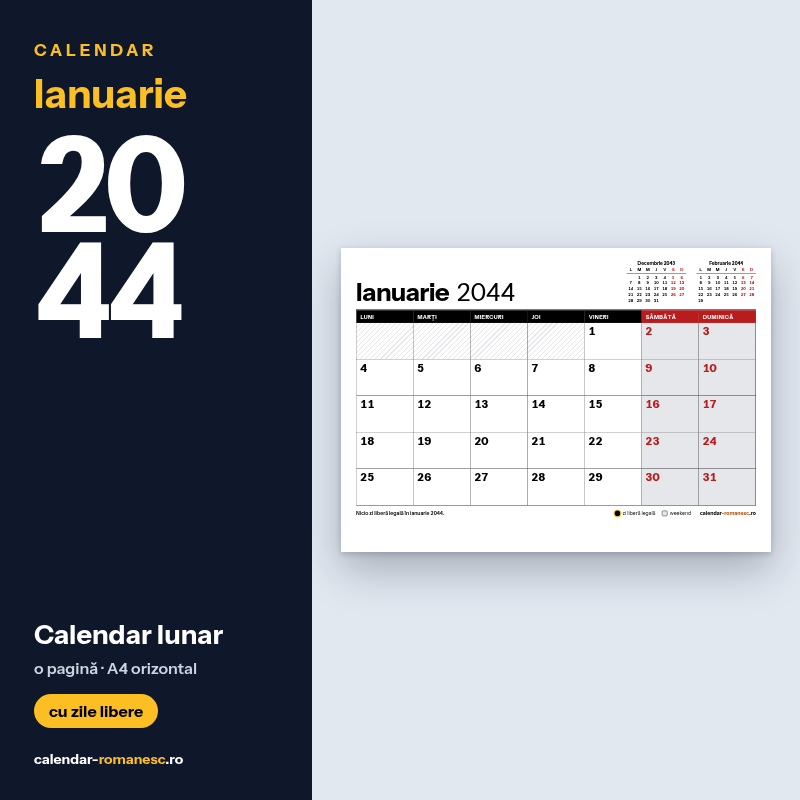 Calendar Ianuarie 2044 de imprimat