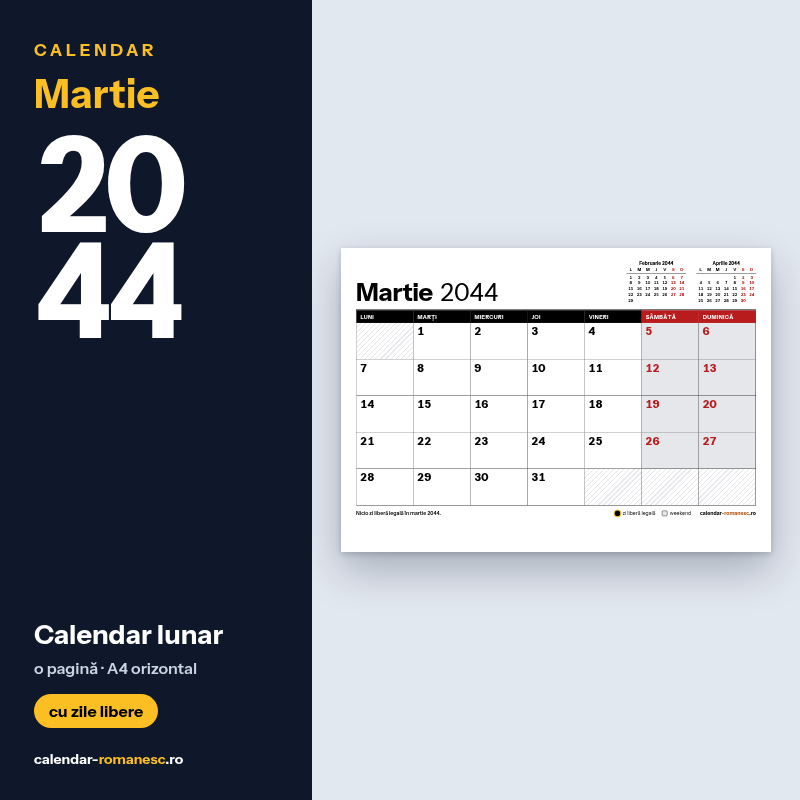 Calendar Martie 2044 de imprimat