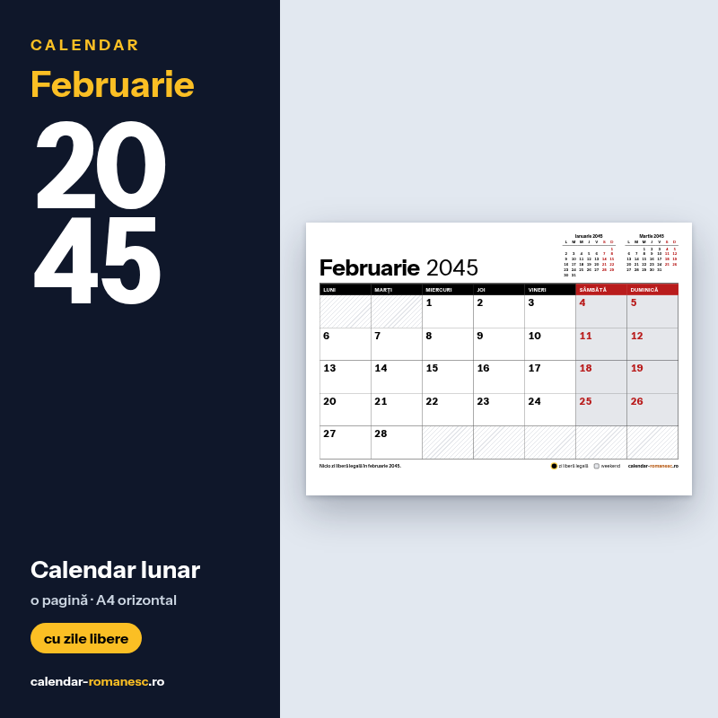 Calendar Februarie 2045 de imprimat