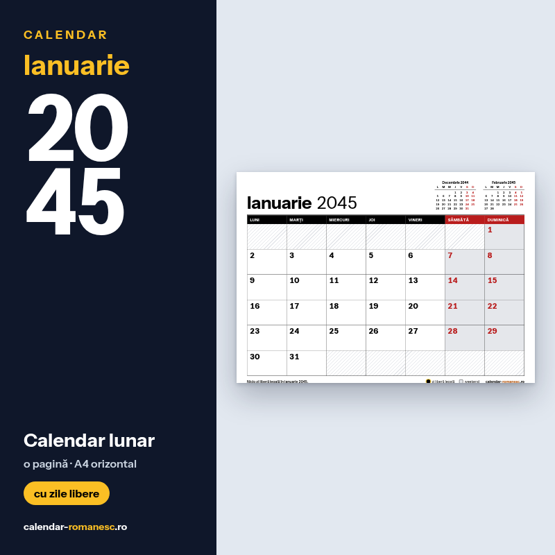 Calendar Ianuarie 2045 de imprimat