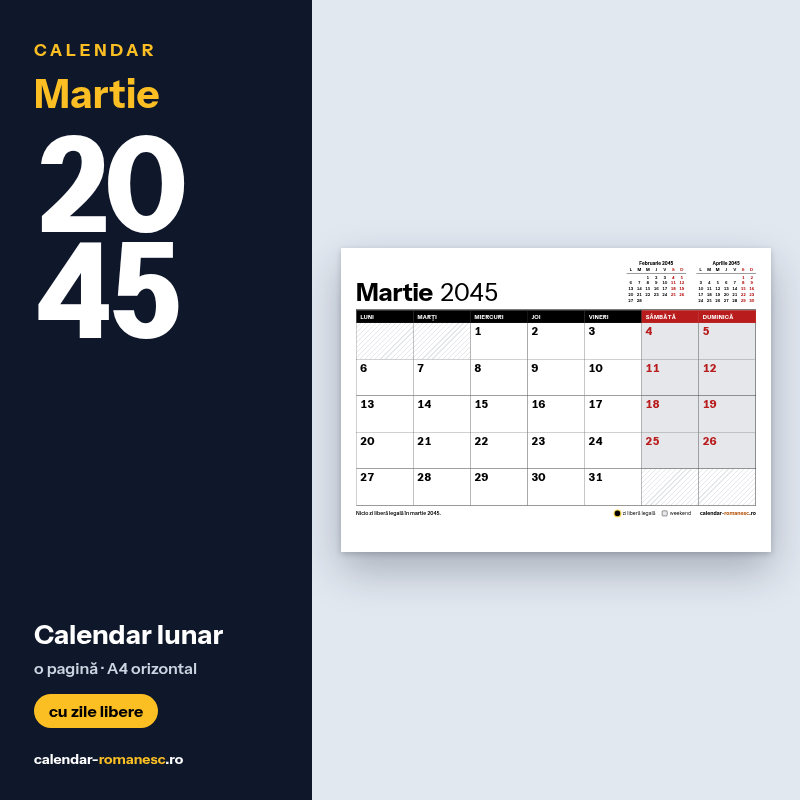 Calendar Martie 2045 de imprimat