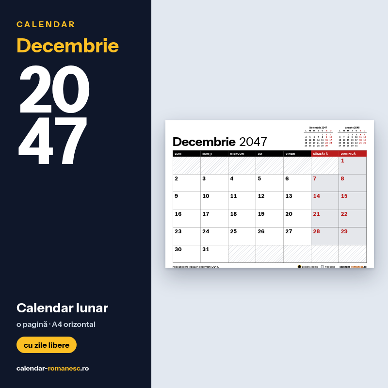 Calendar Decembrie 2047 de imprimat