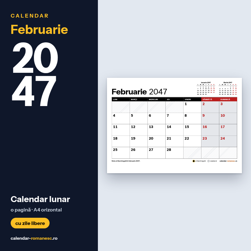Calendar Februarie 2047 de imprimat