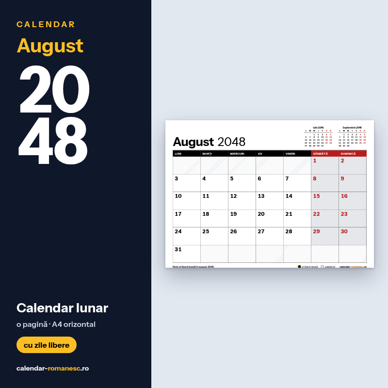 Calendar August 2048 de imprimat