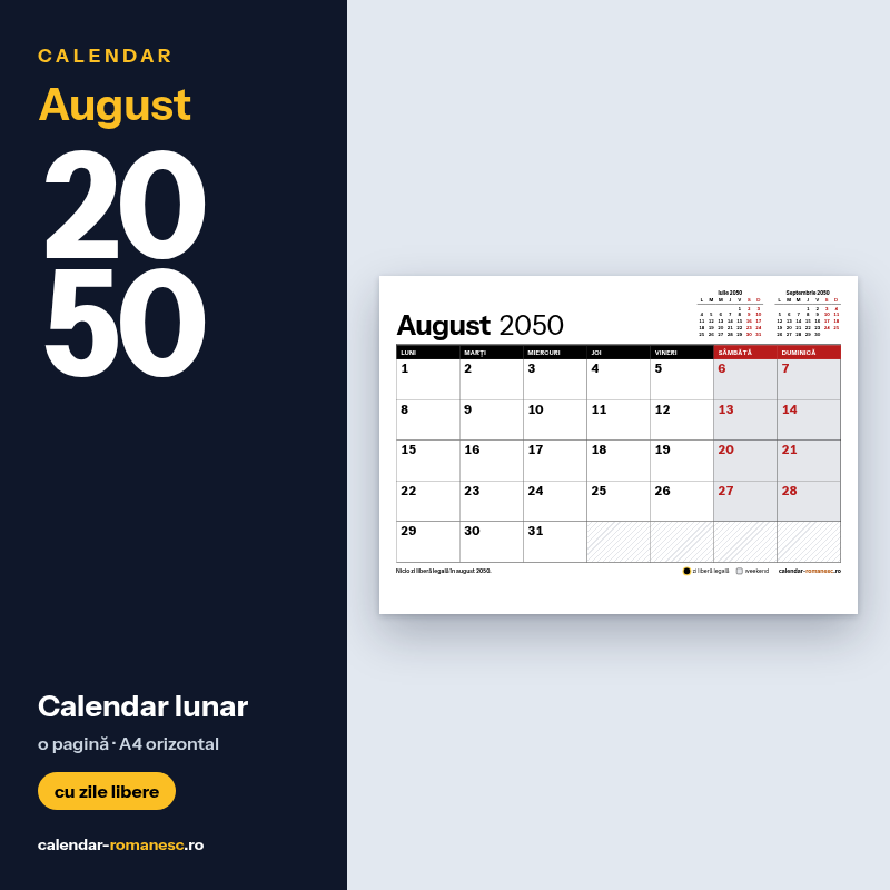 Calendar August 2050 de imprimat