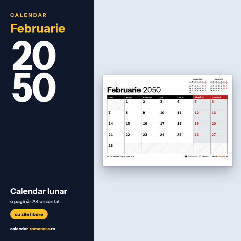 Calendar Februarie 2050 de imprimat