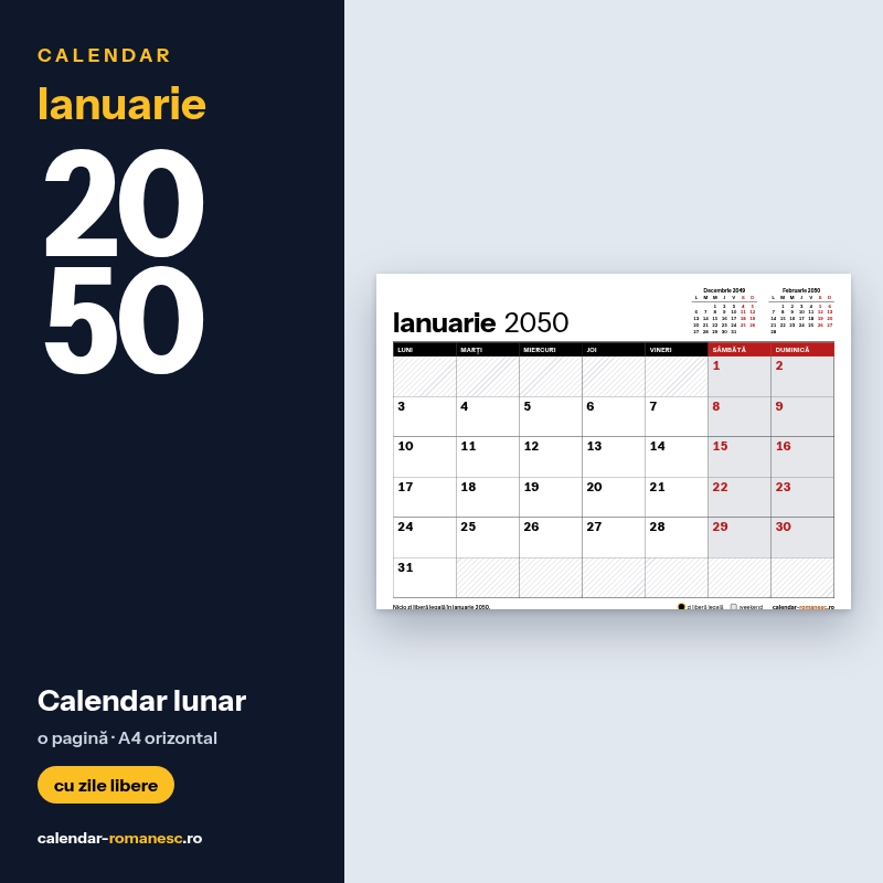Calendar Ianuarie 2050 de imprimat