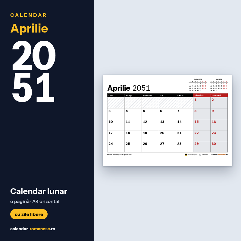 Calendar Aprilie 2051 de imprimat