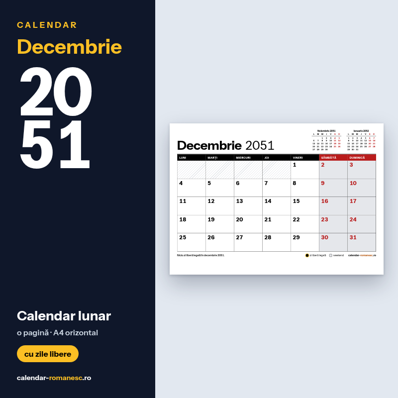 Calendar Decembrie 2051 de imprimat