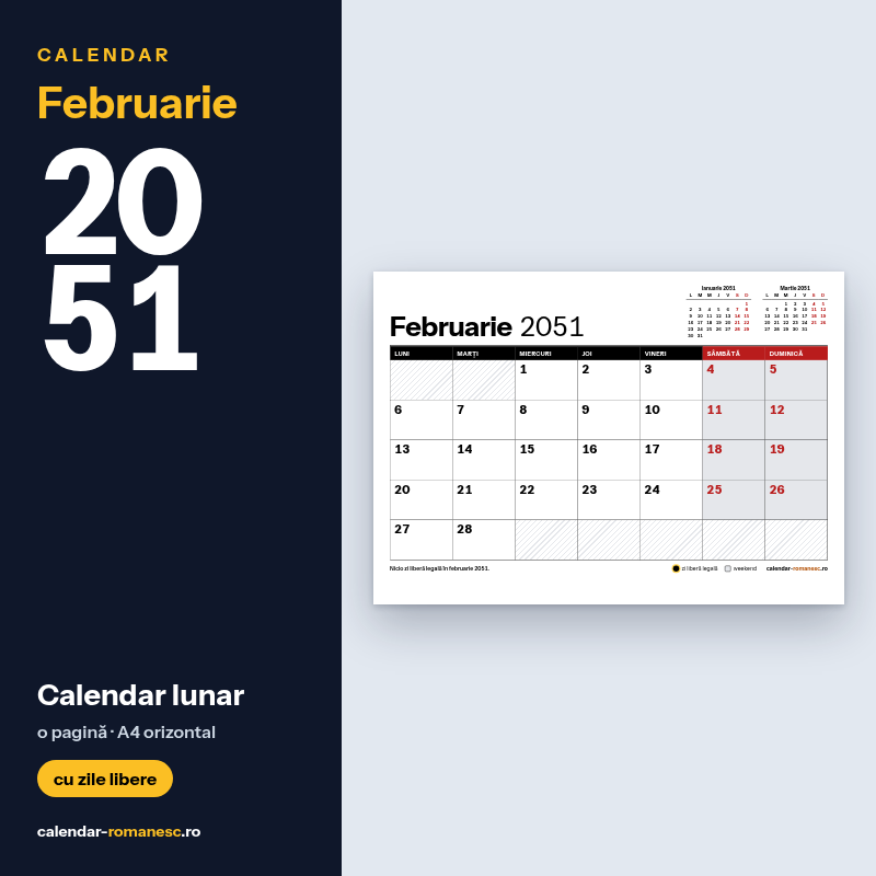 Calendar Februarie 2051 de imprimat