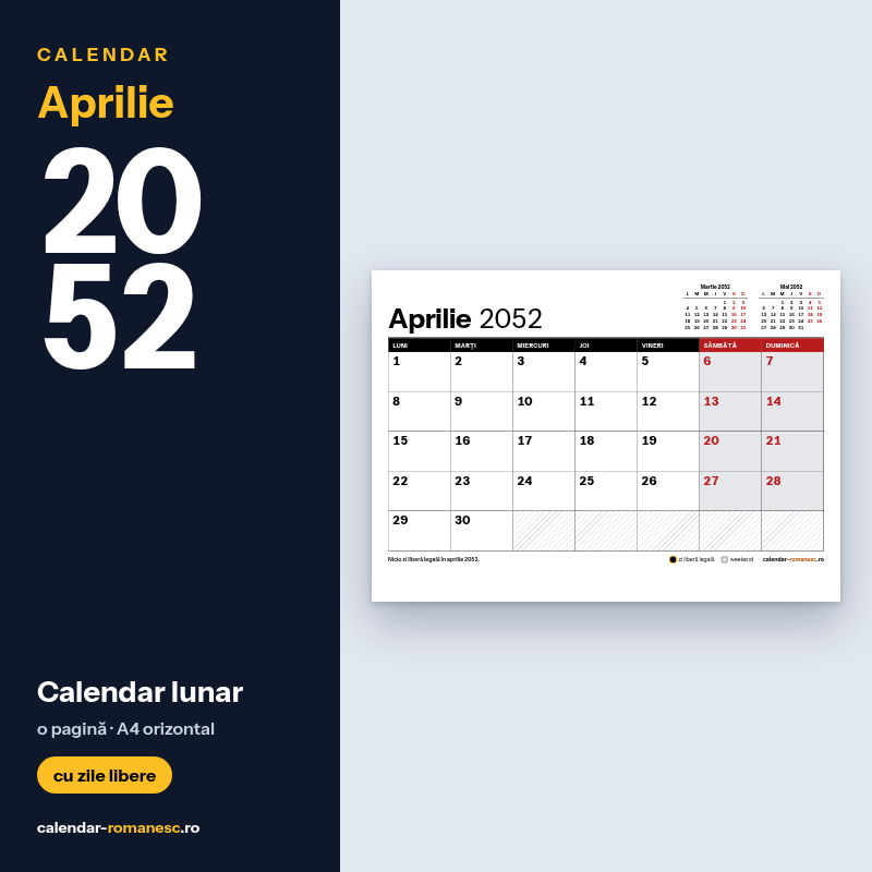Calendar Aprilie 2052 de imprimat