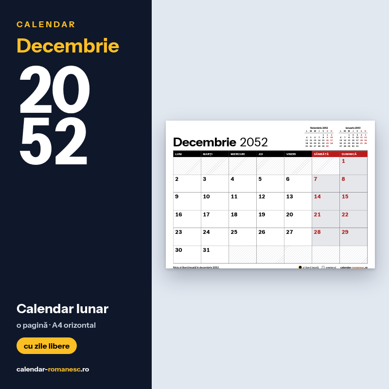 Calendar Decembrie 2052 de imprimat